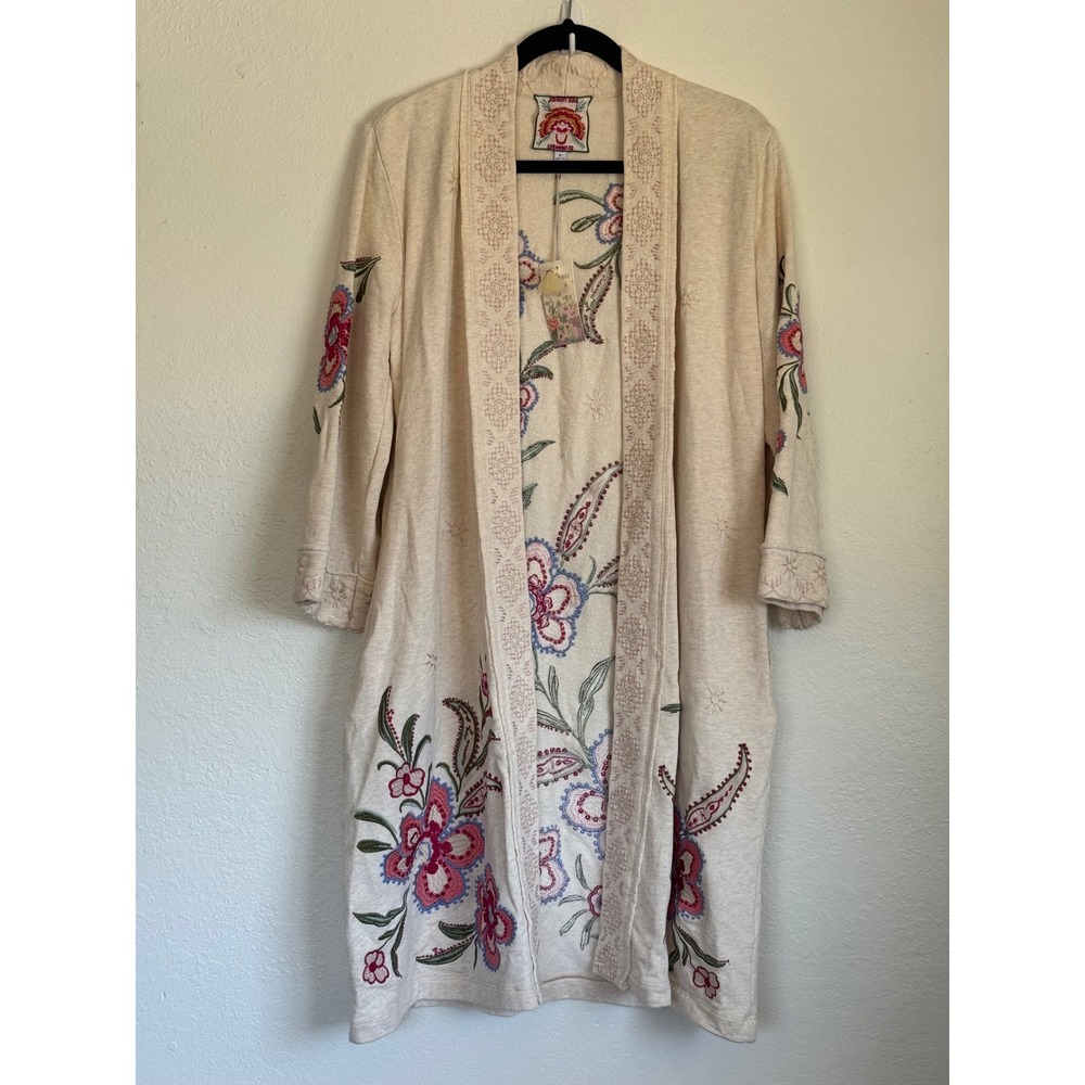 Johnny Was Libbi Heather French Terry Kimono Coat Oatmeal Floral Embroidered NEW